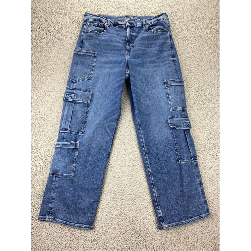 American Eagle Stretch Super Hi-Rise Baggy Straight Cargo Jean  Size: 18 Regular